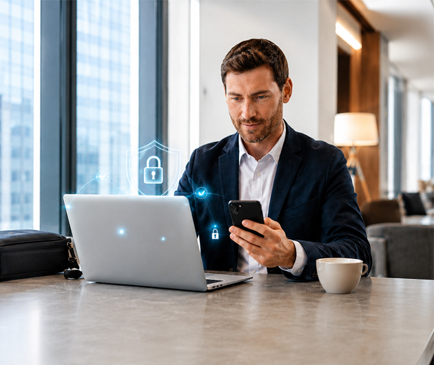 Professional working remotely with secure virtual desktop access